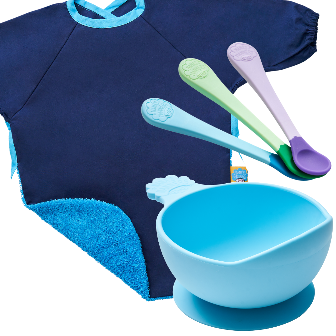 Stage 1 - Weaning Bundle, Suction Bowl, Weaning Spoons & Navy Wax Cotton Coverall