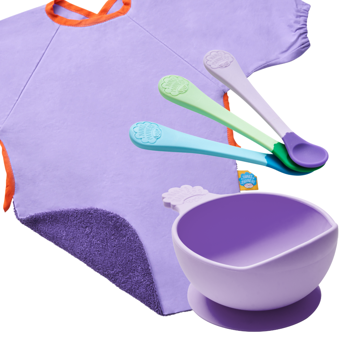 Stage 1 - Essential Weaning Collections, Lilac Wax Cotton Coverall, Suction Bowl, Weaning Spoons