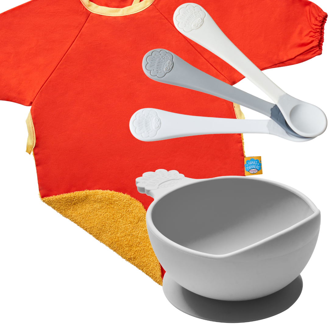 Stage 1 Essential Weaning Collection, Orange Wax Cotton Coverall, Special Edition Suction Bowl & Weaning Spoons