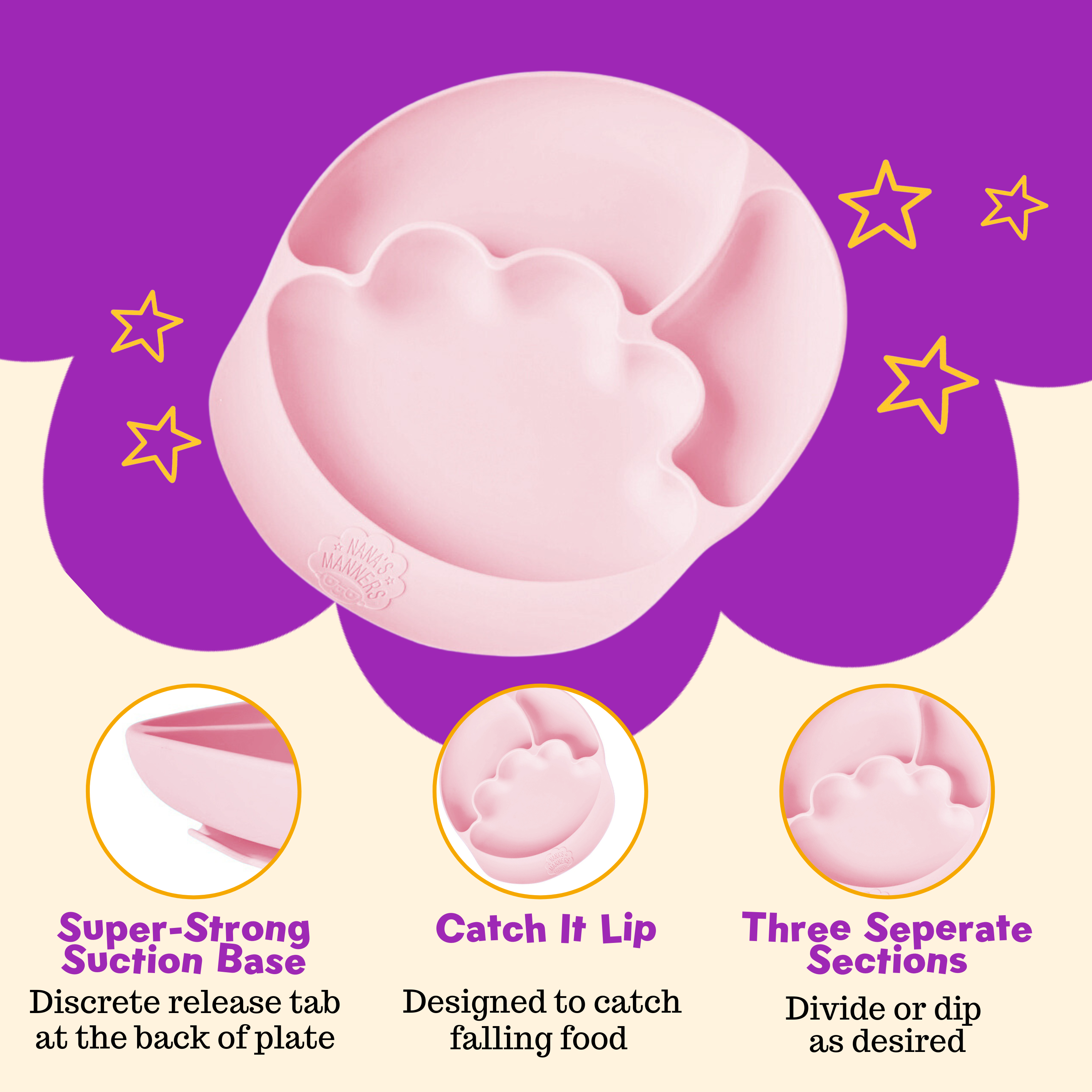 Our plates have a super strong suction base, catch all lip and three different sized sections.