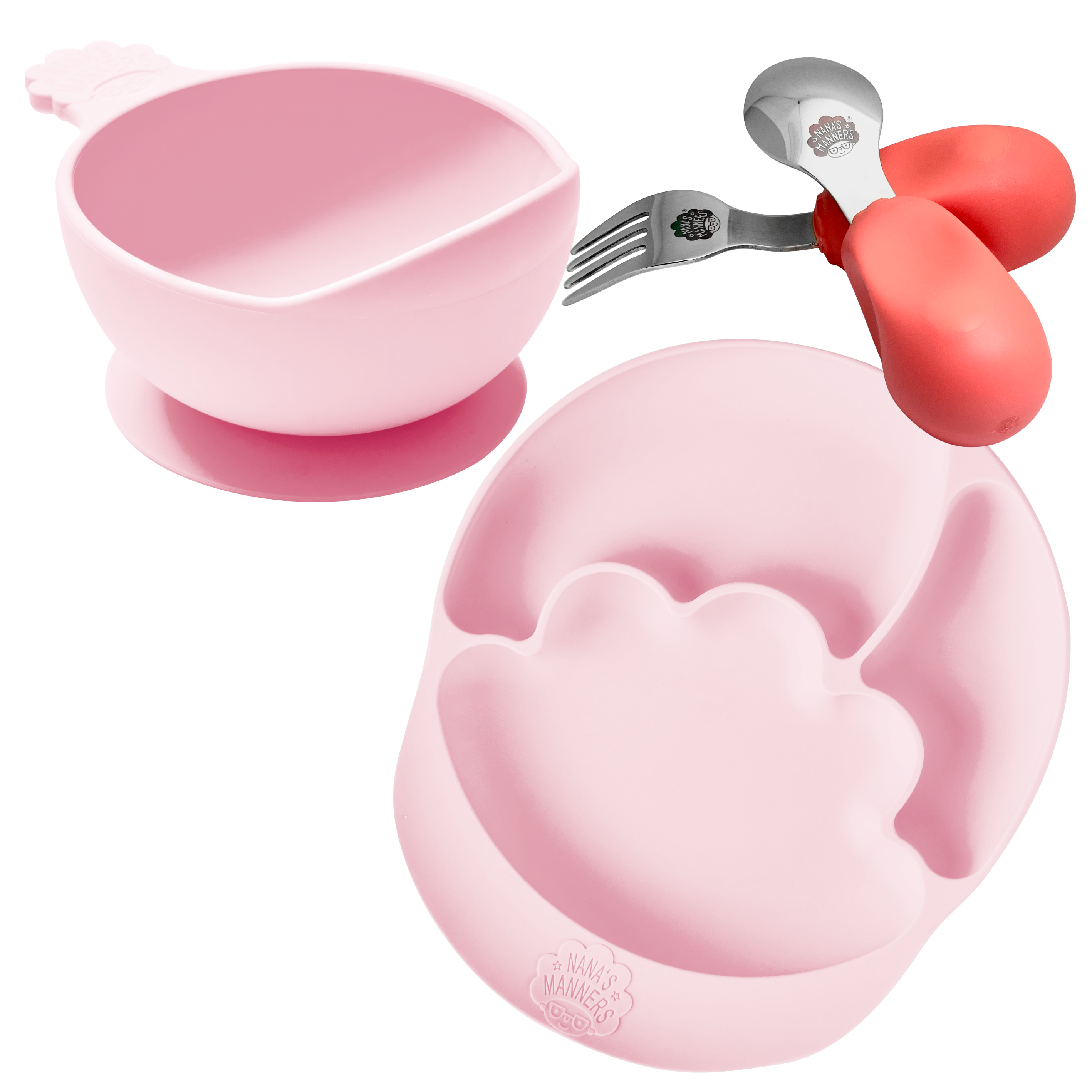 Nana's pink toddler cutlery, suction bowl , section and suction plate.