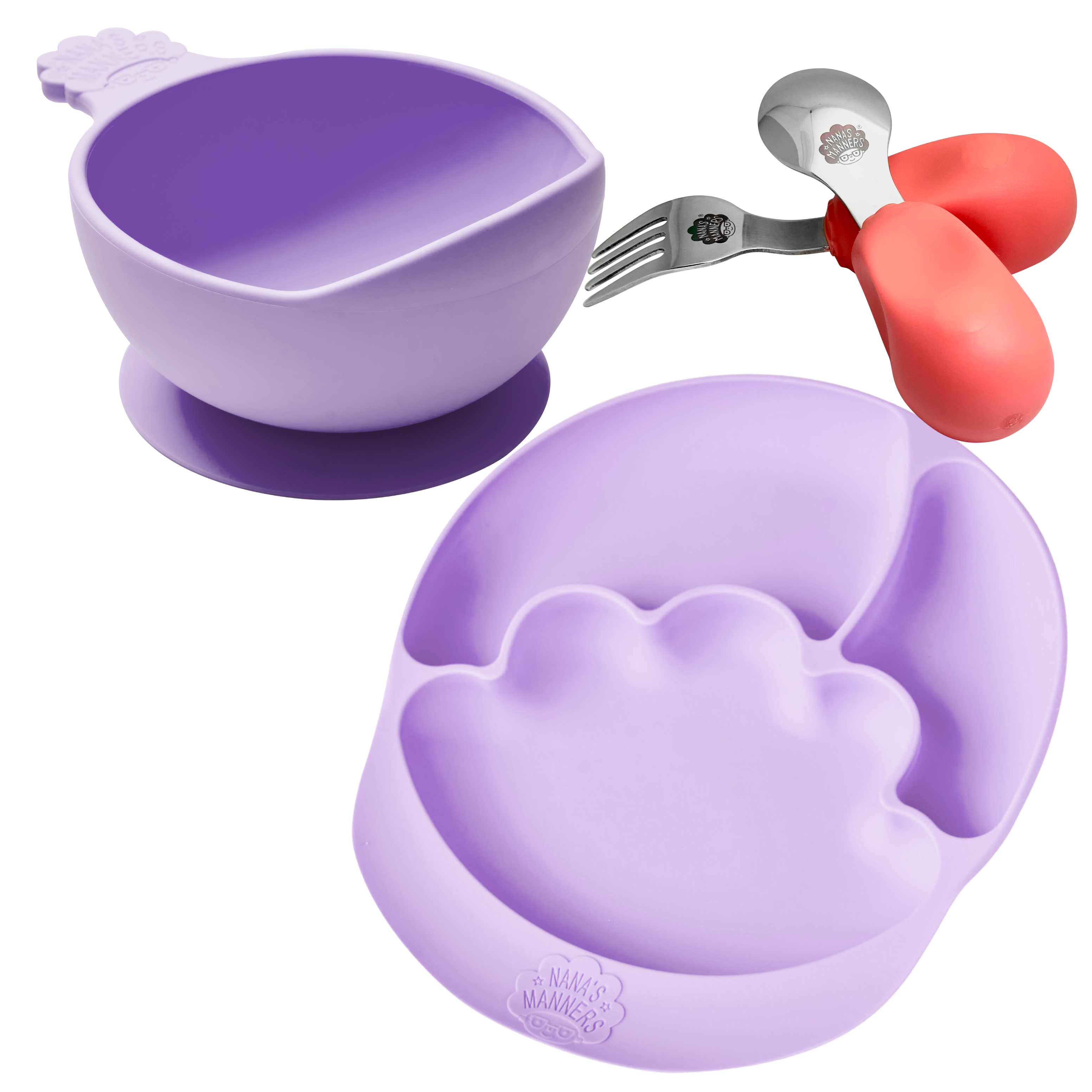 Nana's pink toddler cutlery, purple suction bowl and purple suction and section plate.