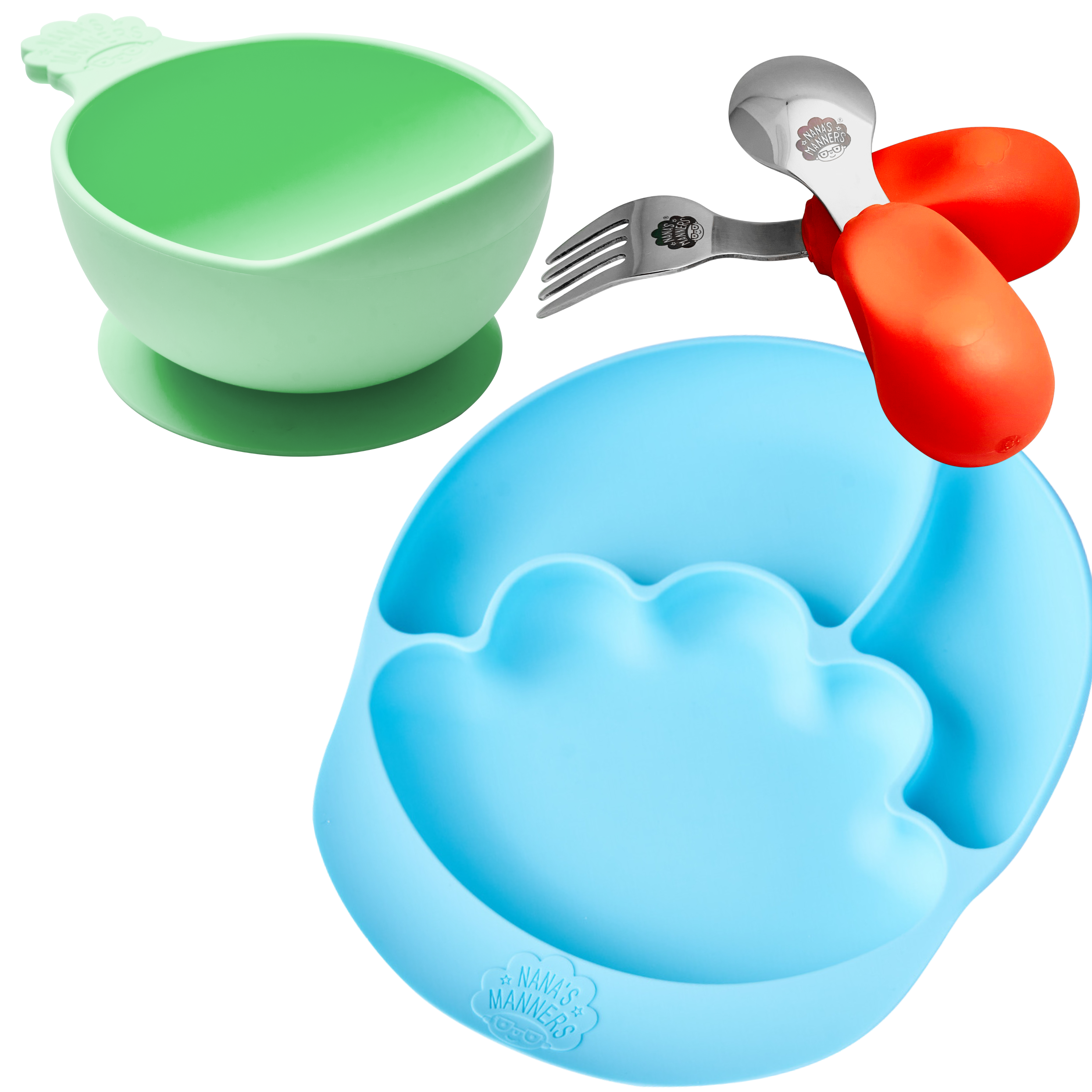Nana's orange toddler cutlery, green suction bowl and blue suction and section plate.
