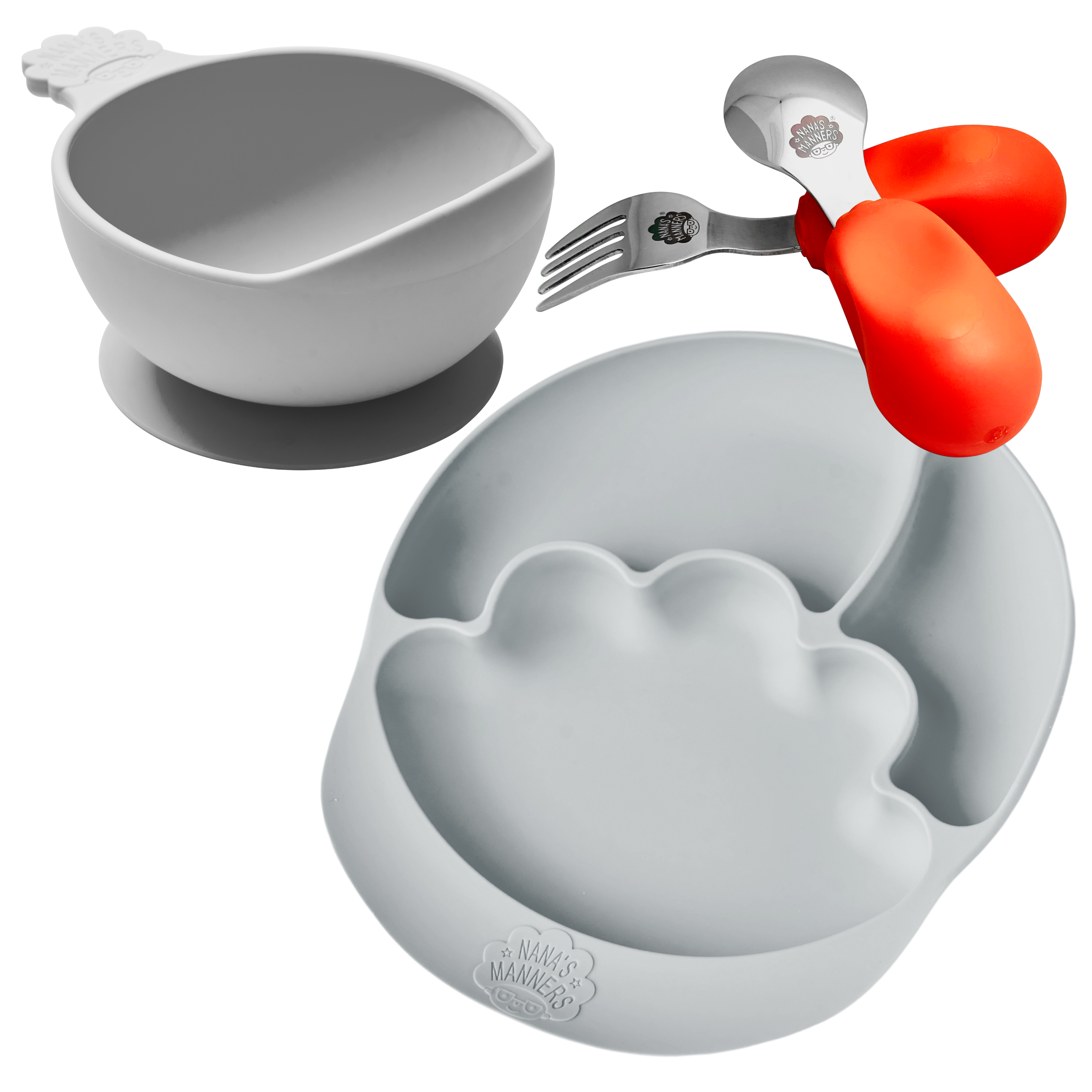 Nana's orange toddler cutlery, Special Edition grey suction bowl and section plate.