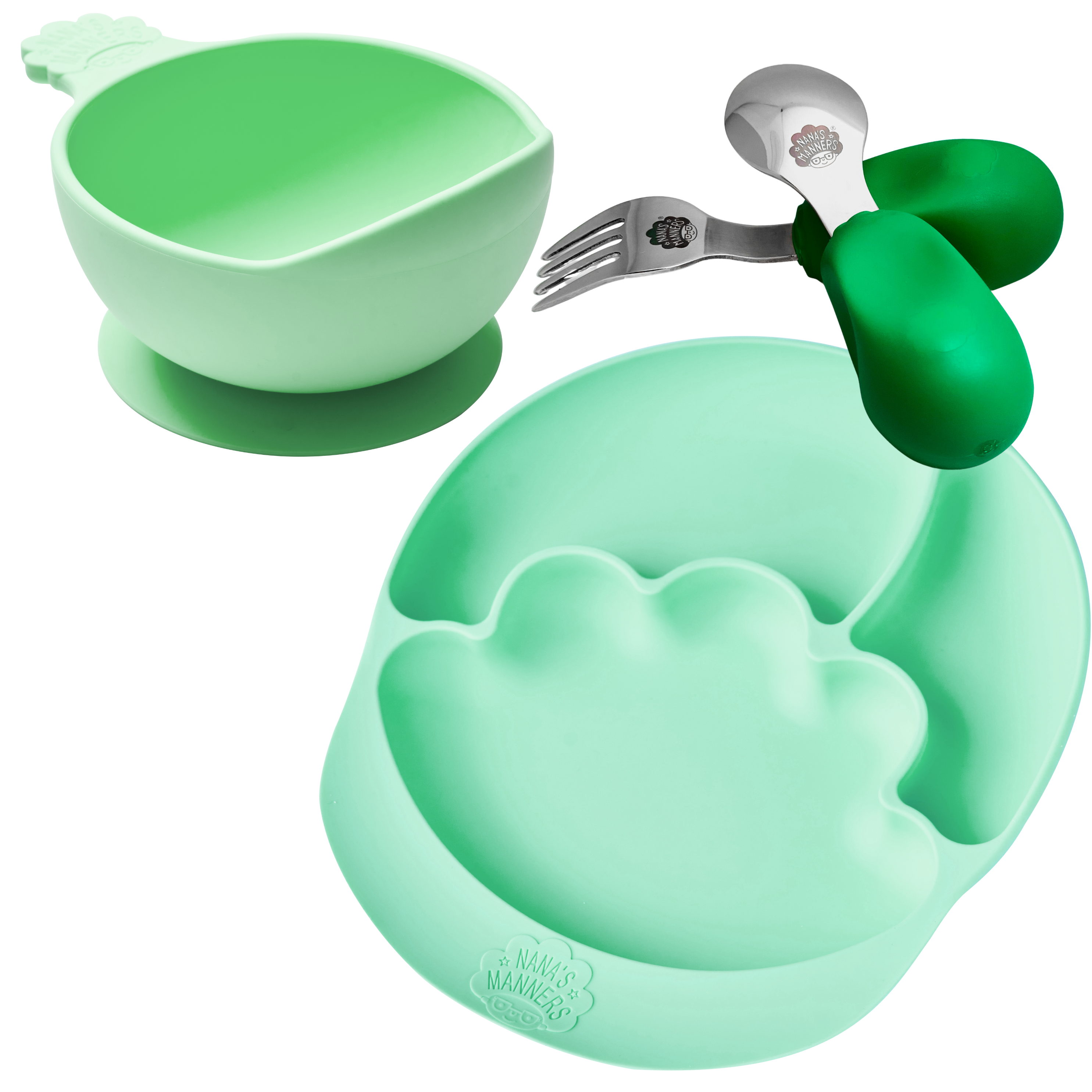 Nana's green toddler cutlery, green suction bowl and green suction and section plate.