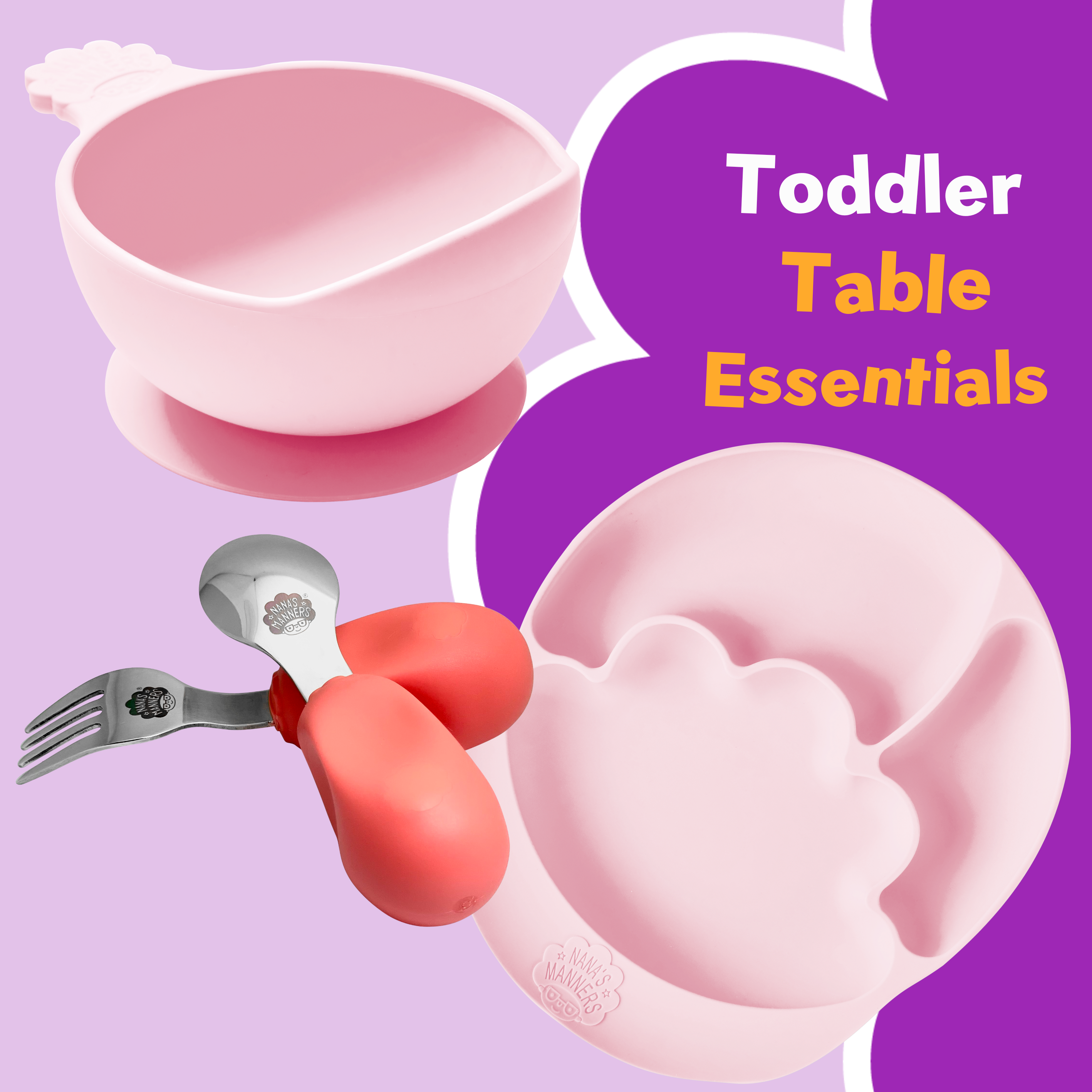 Nana's pink toddler cutlery, suction bowl, section and suction plate.