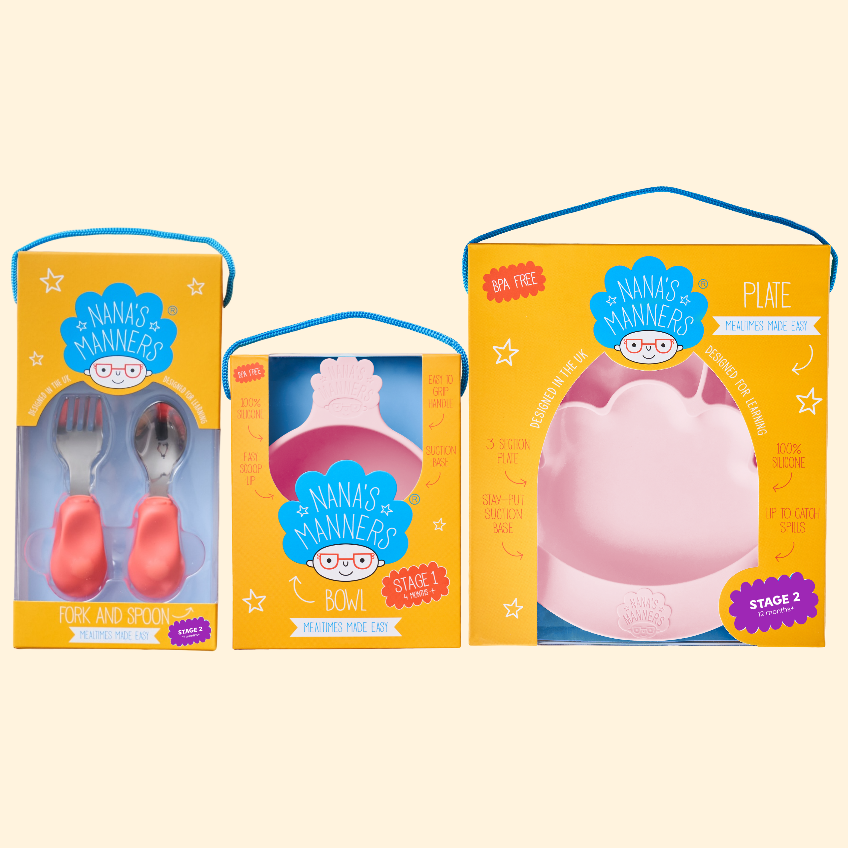 Pink toddler cutlery, suction bowl, section and suction plate in beautiful presentation boxes.