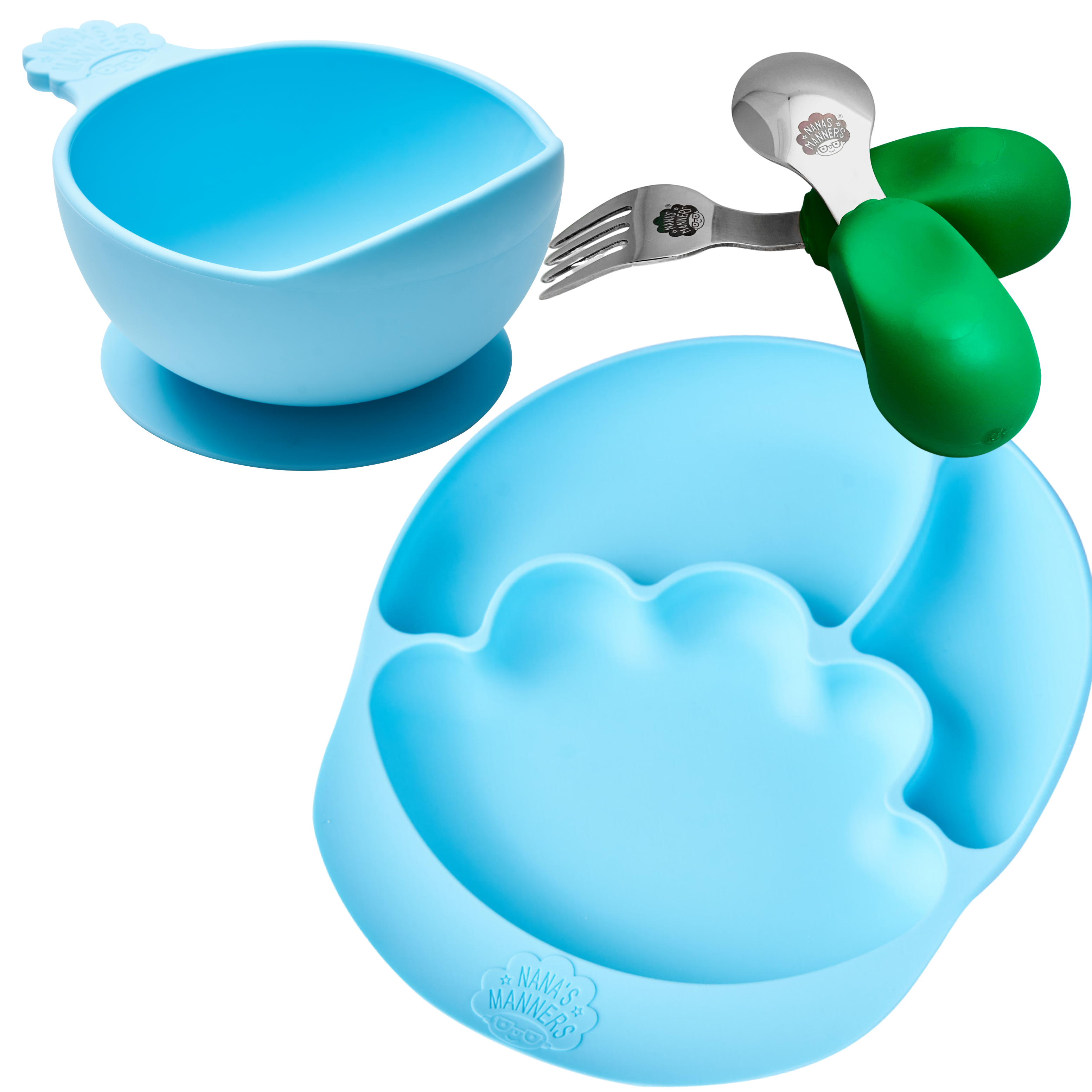 Nana's green toddler cutlery, blue suction bowl and blue suction and section plate.