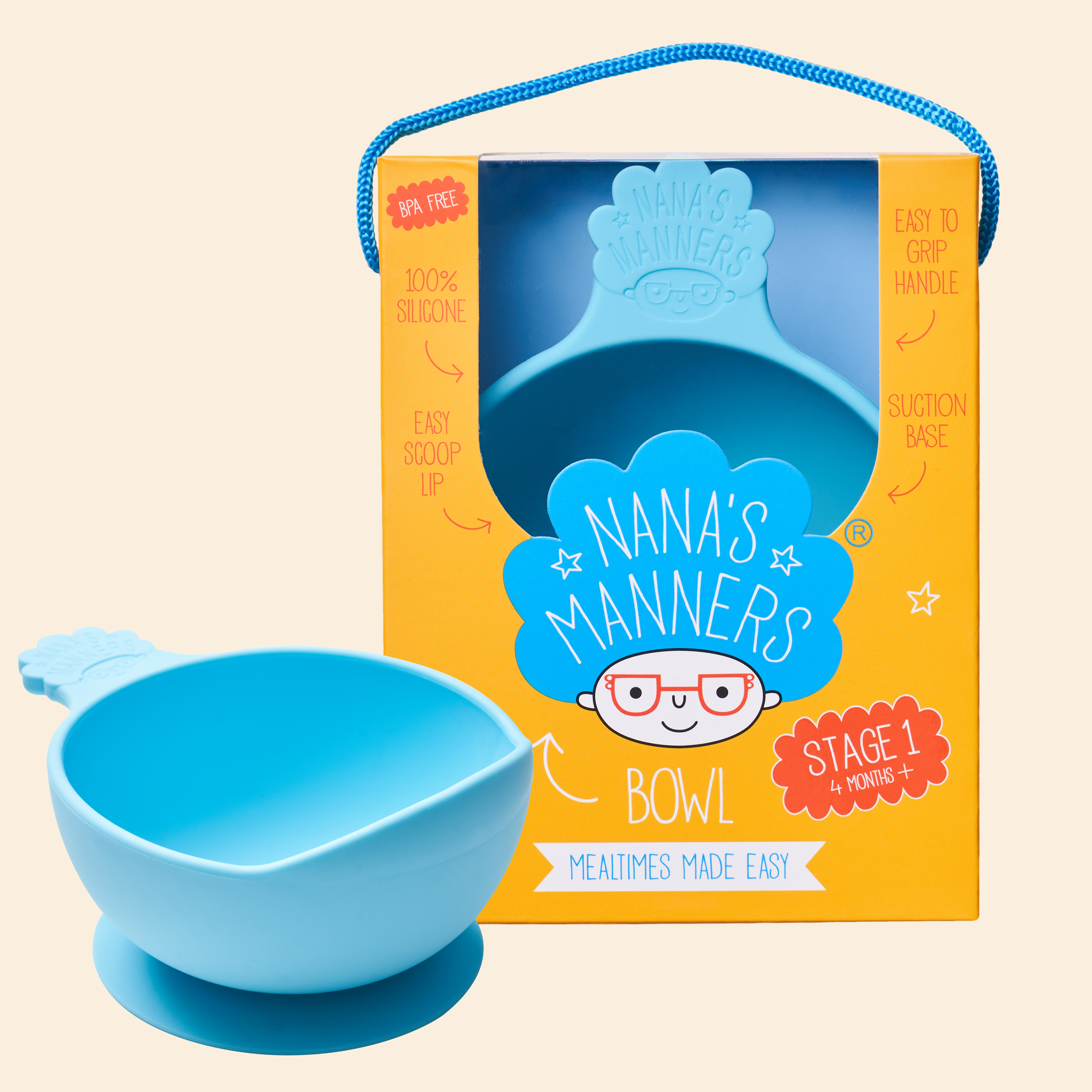Nana's blue silicone suction baby bowl, packaged and out of box.