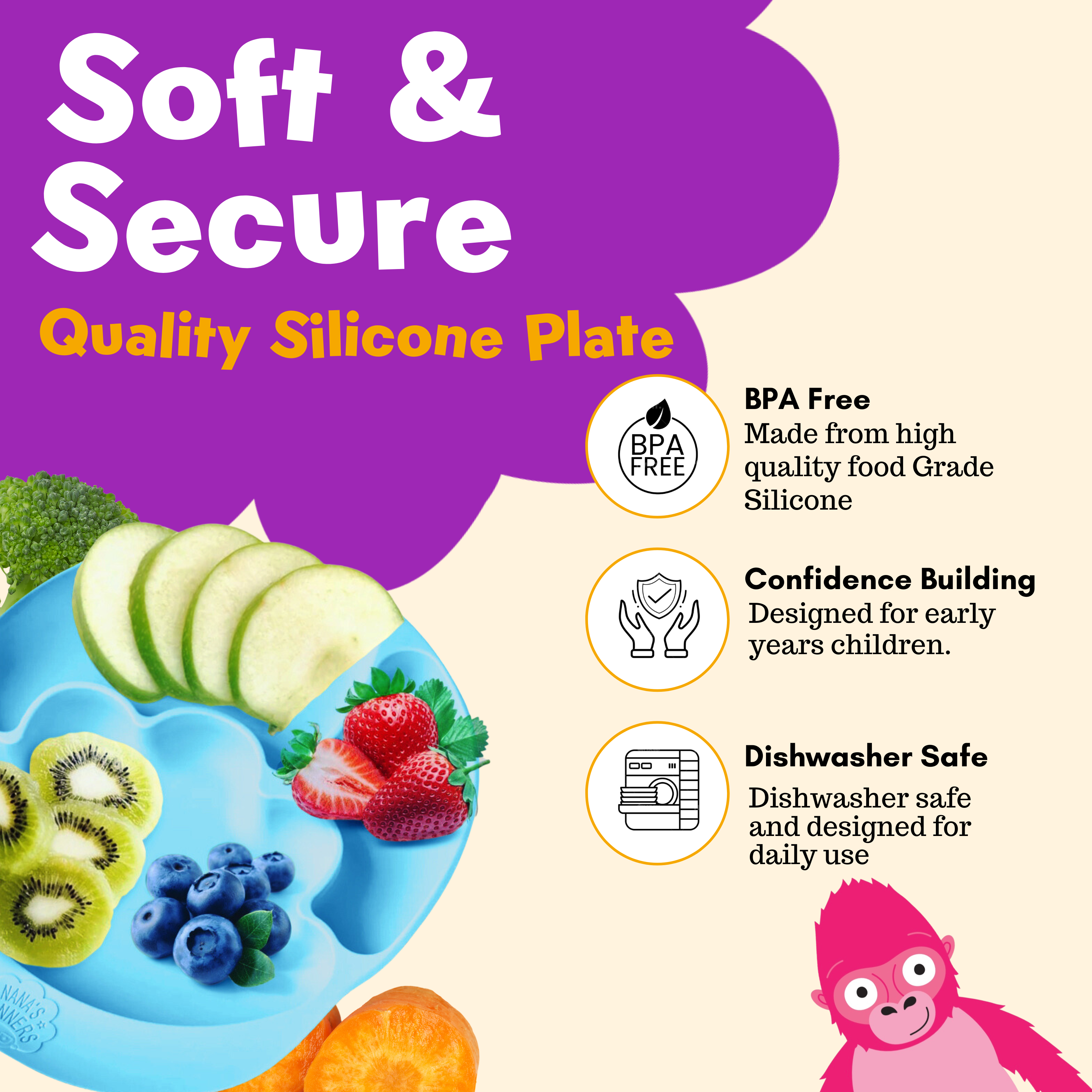Blue silicone, suction and section plate is BPA free, uniquely designed for toddlers, dishwasher and heat safe.