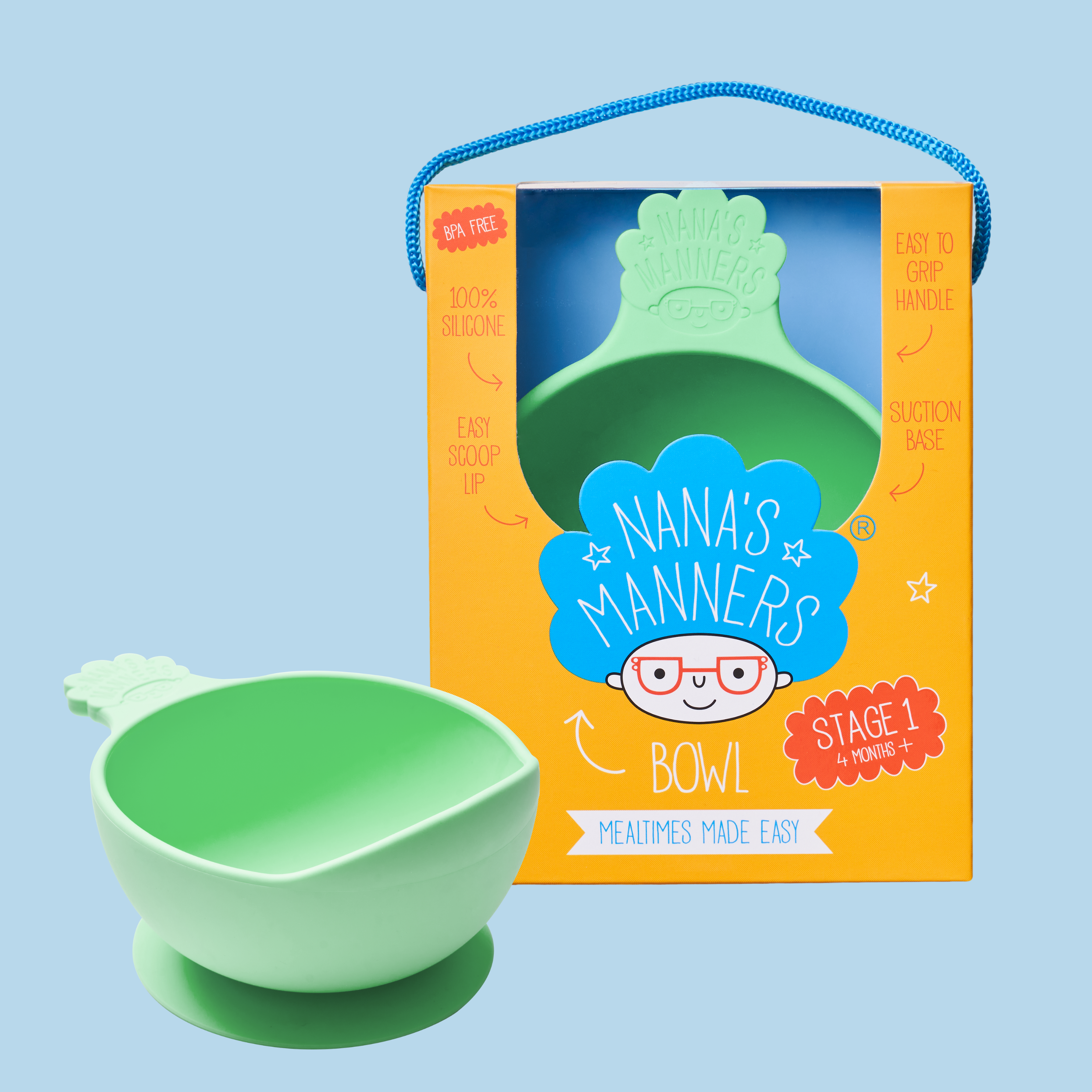 Nana's green silicone suction baby bowl, packaged and out of box.