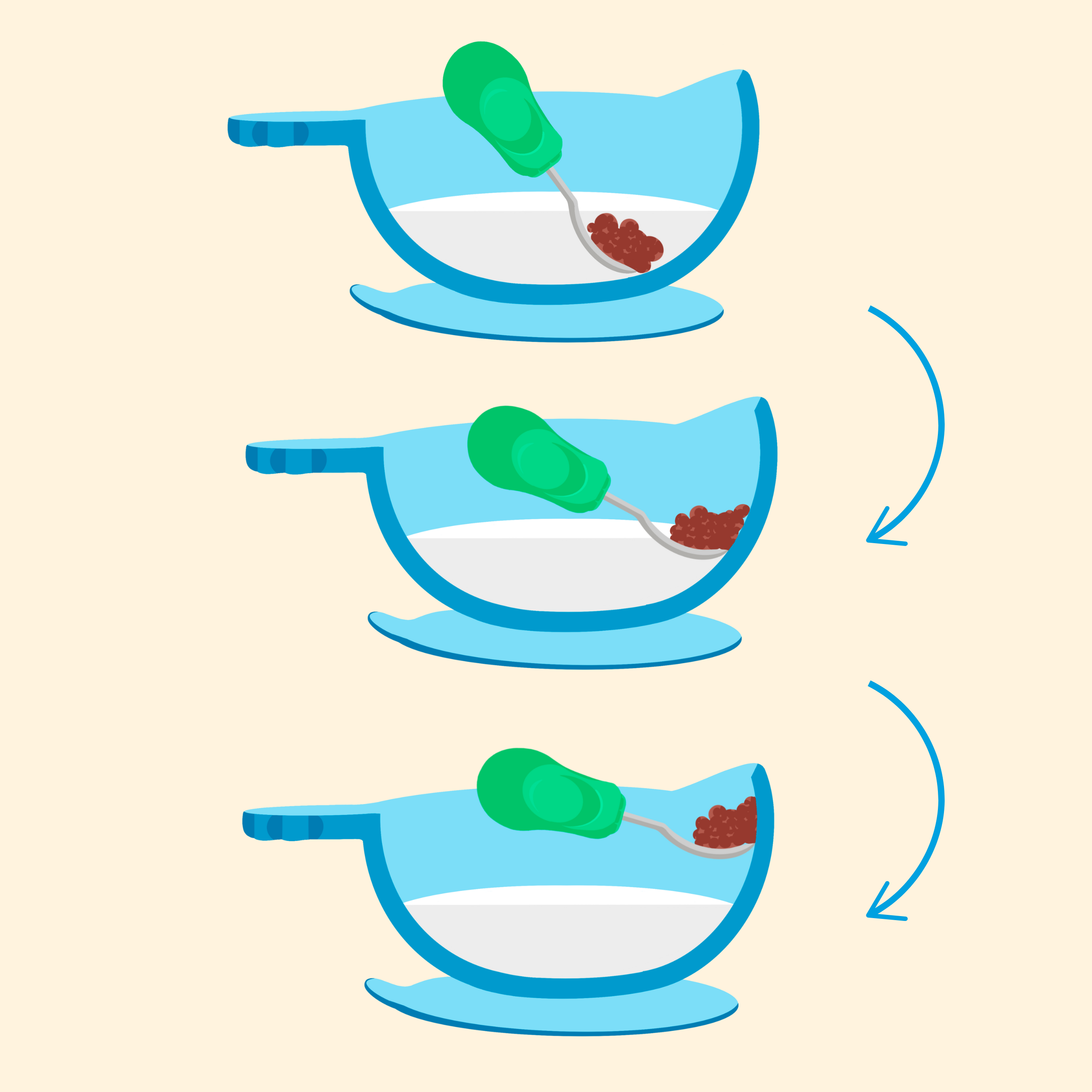 3 step illustration showing how the curved side of the silicone baby bowl allows food to be easily scooped onto the spoon.