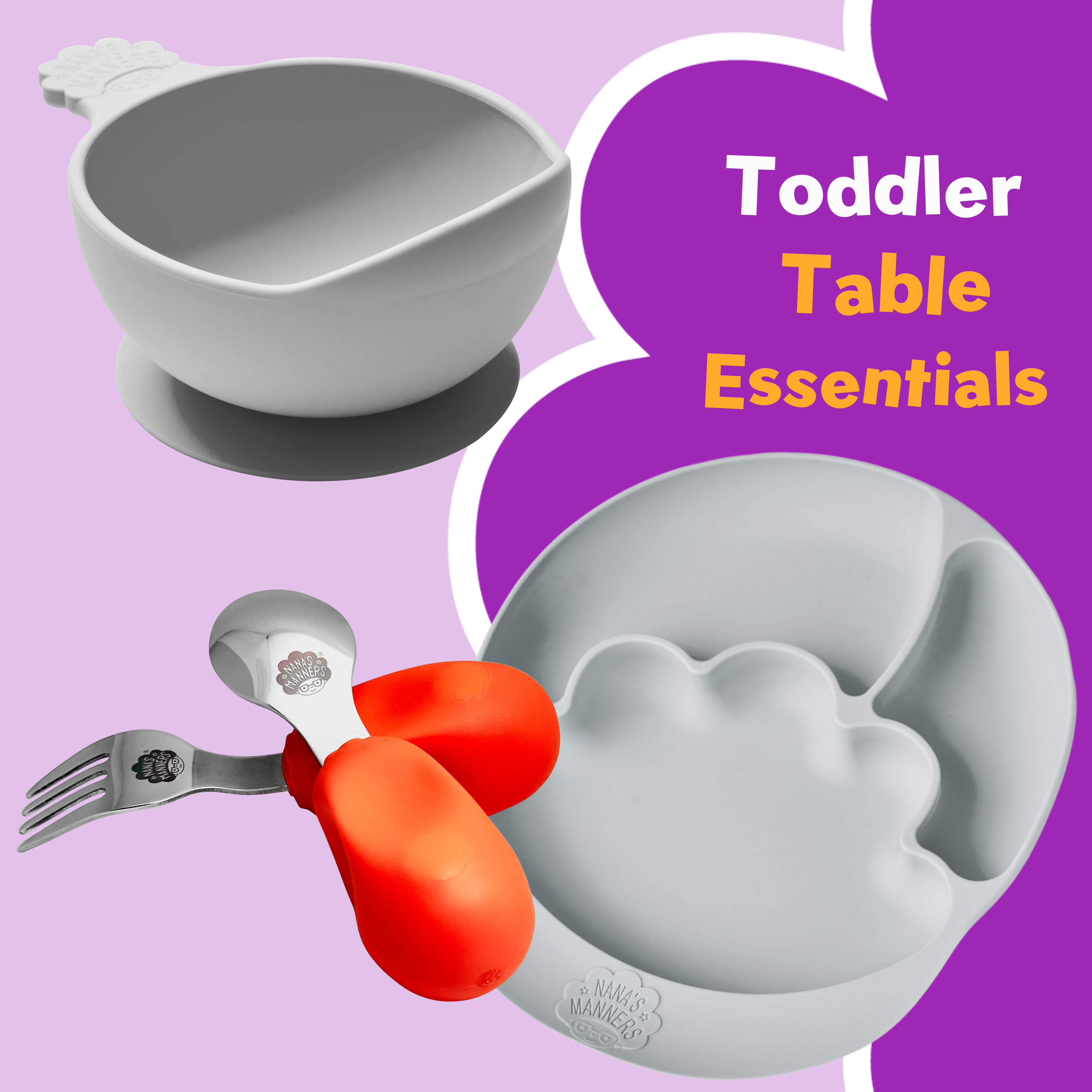 Orange toddler cutlery, Special Edition grey suction bowl and section plate.