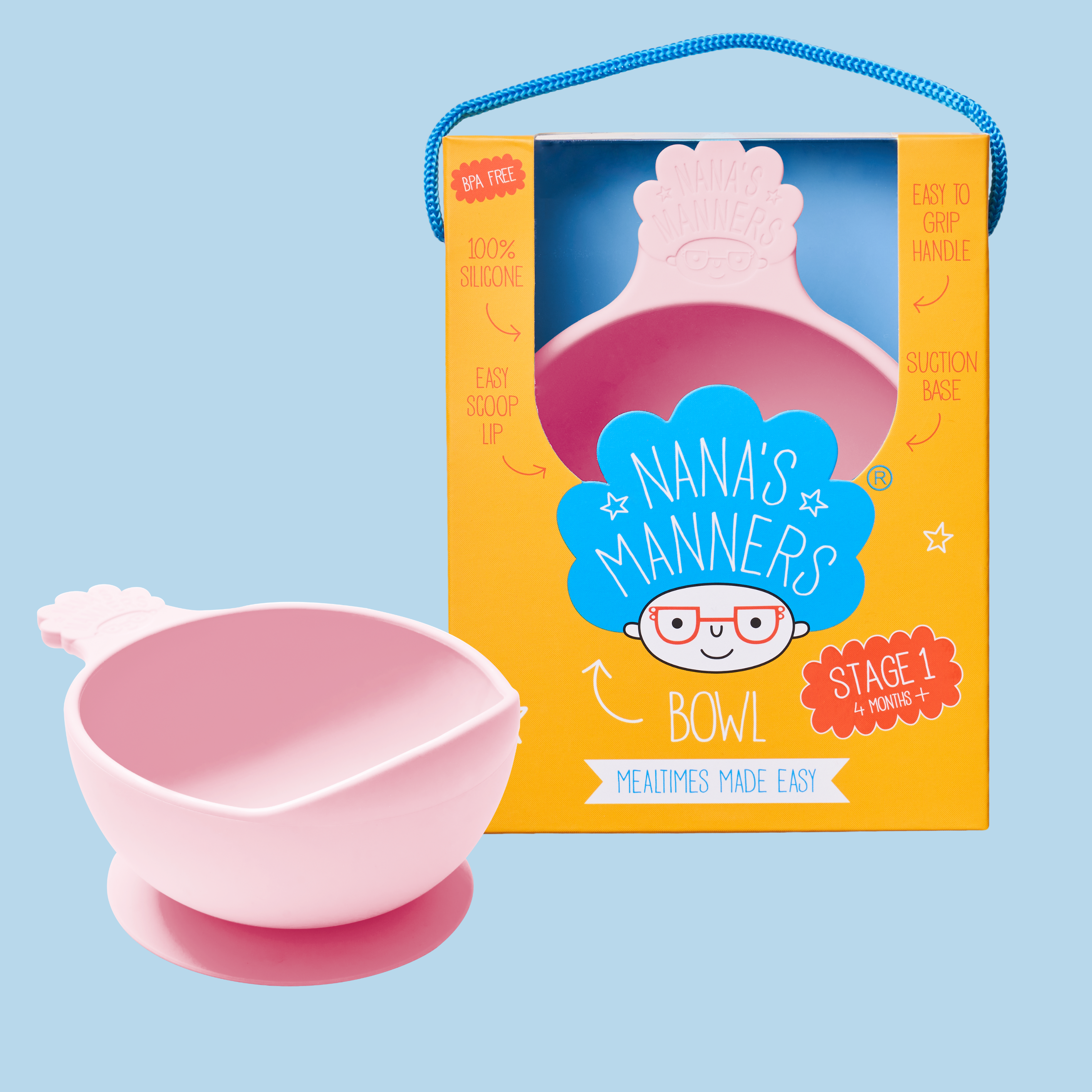 Nana's pink silicone suction baby bowl, packaged and out of box.