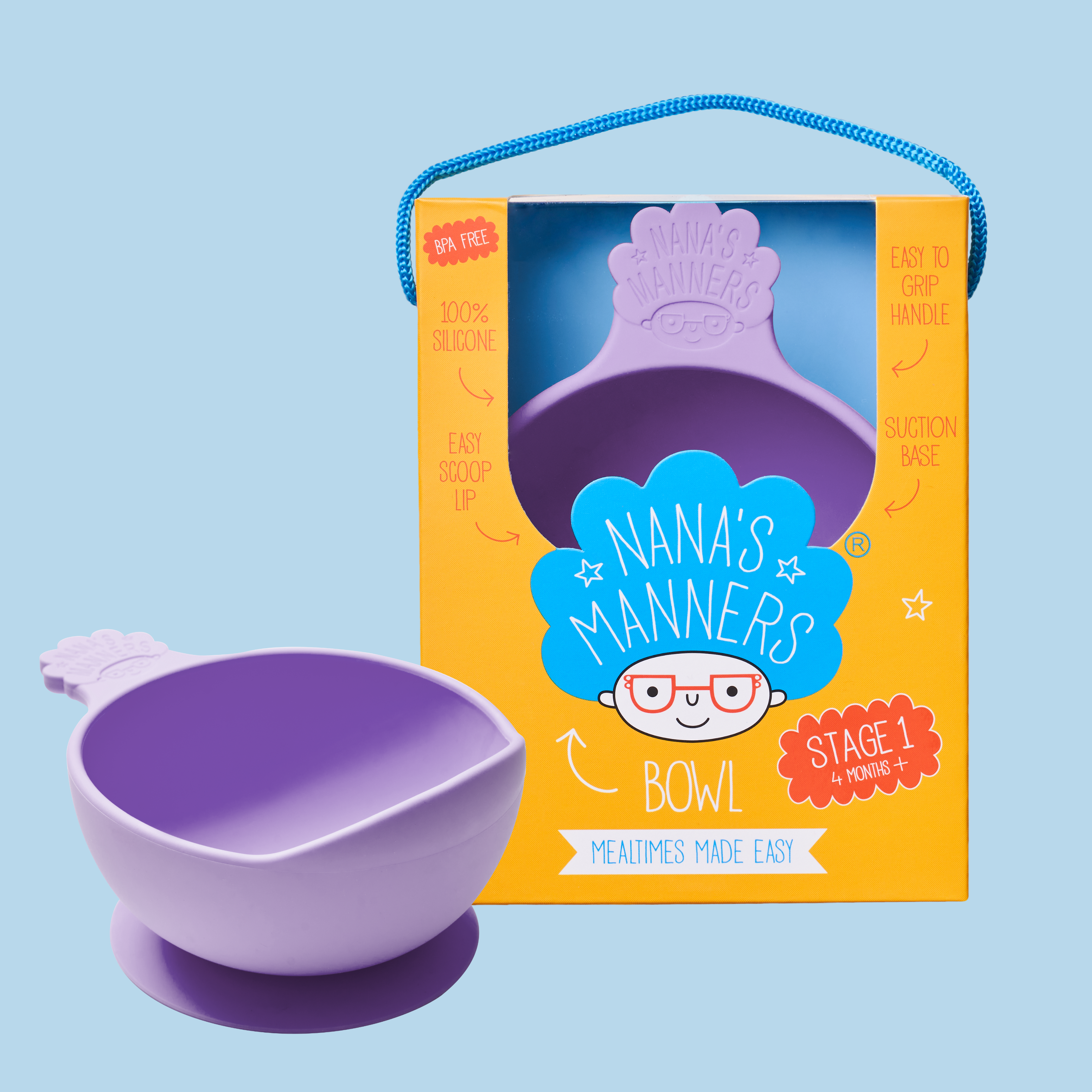 Nana's purple silicone suction baby bowl, packaged and out of box.