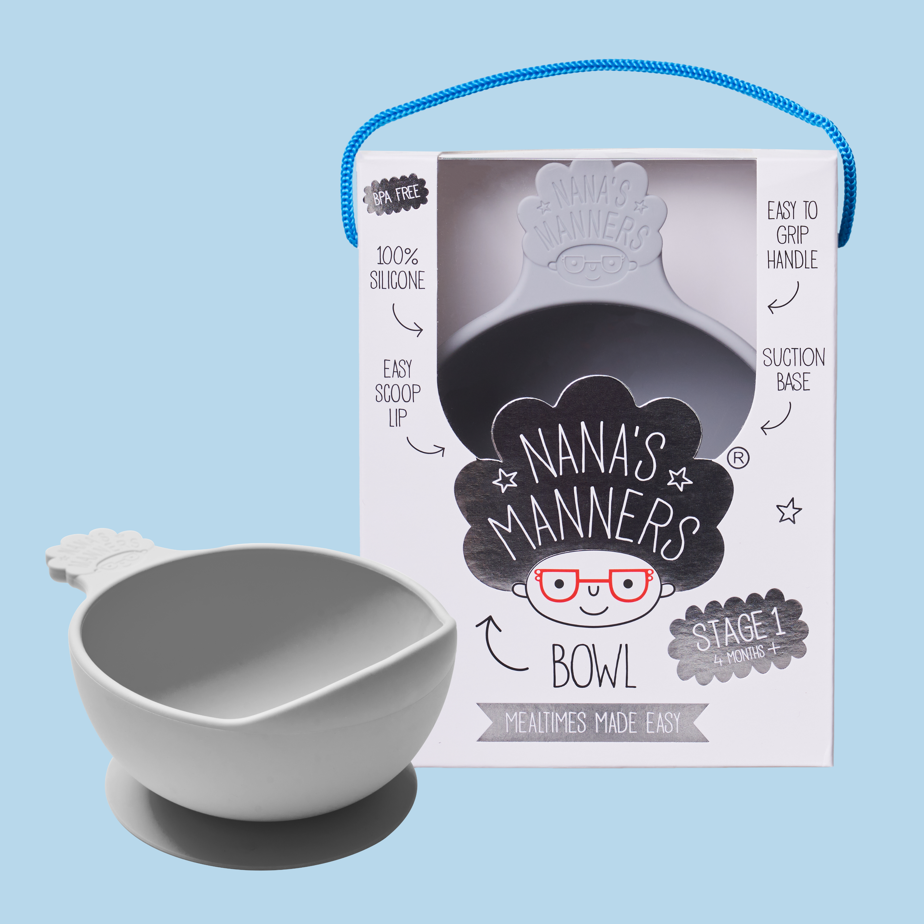 Nana's grey silicone suction baby bowl come in Special Edition packaging.