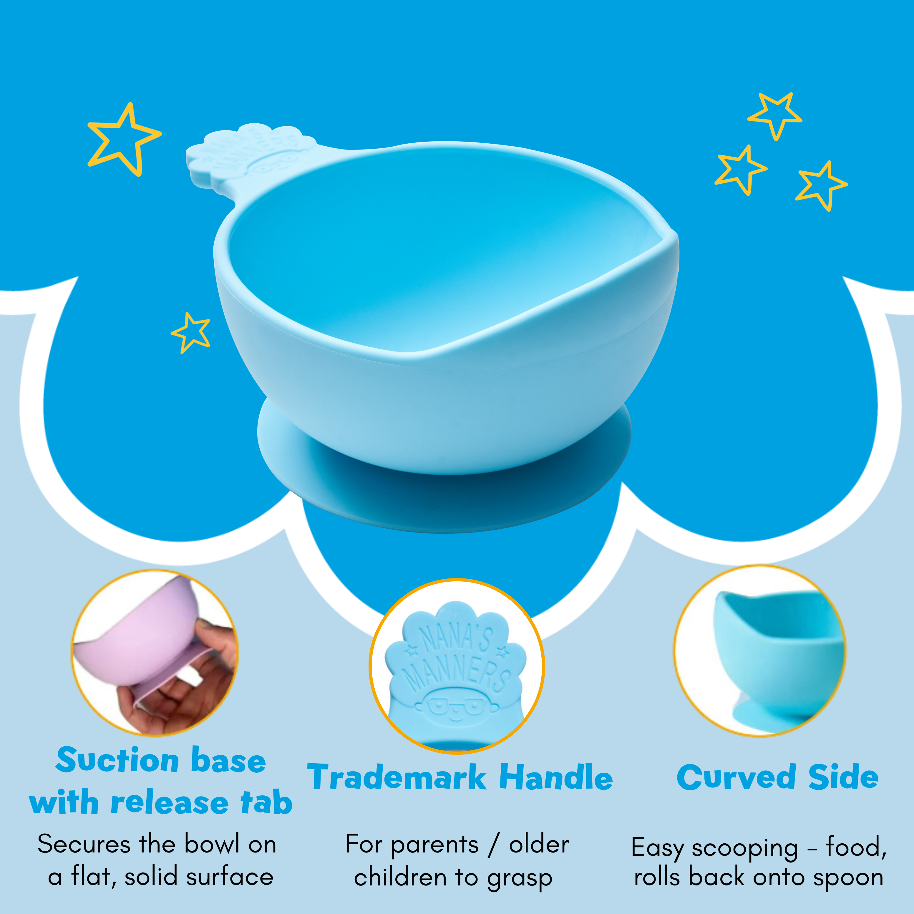 Our silicone baby bowls are uniquely designed, with a strong suction base, trademark handle and curved side for easy scooping.