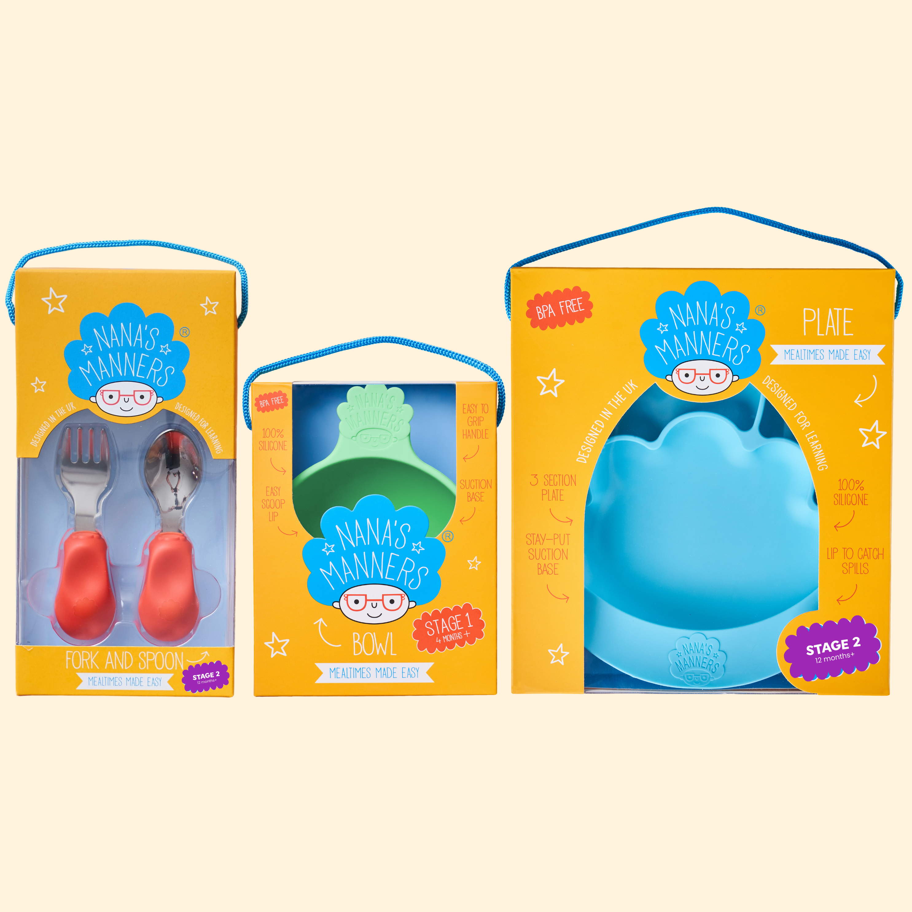 Orange toddler cutlery, green suction bowl and blue suction section plate in beautiful presentation boxes.
