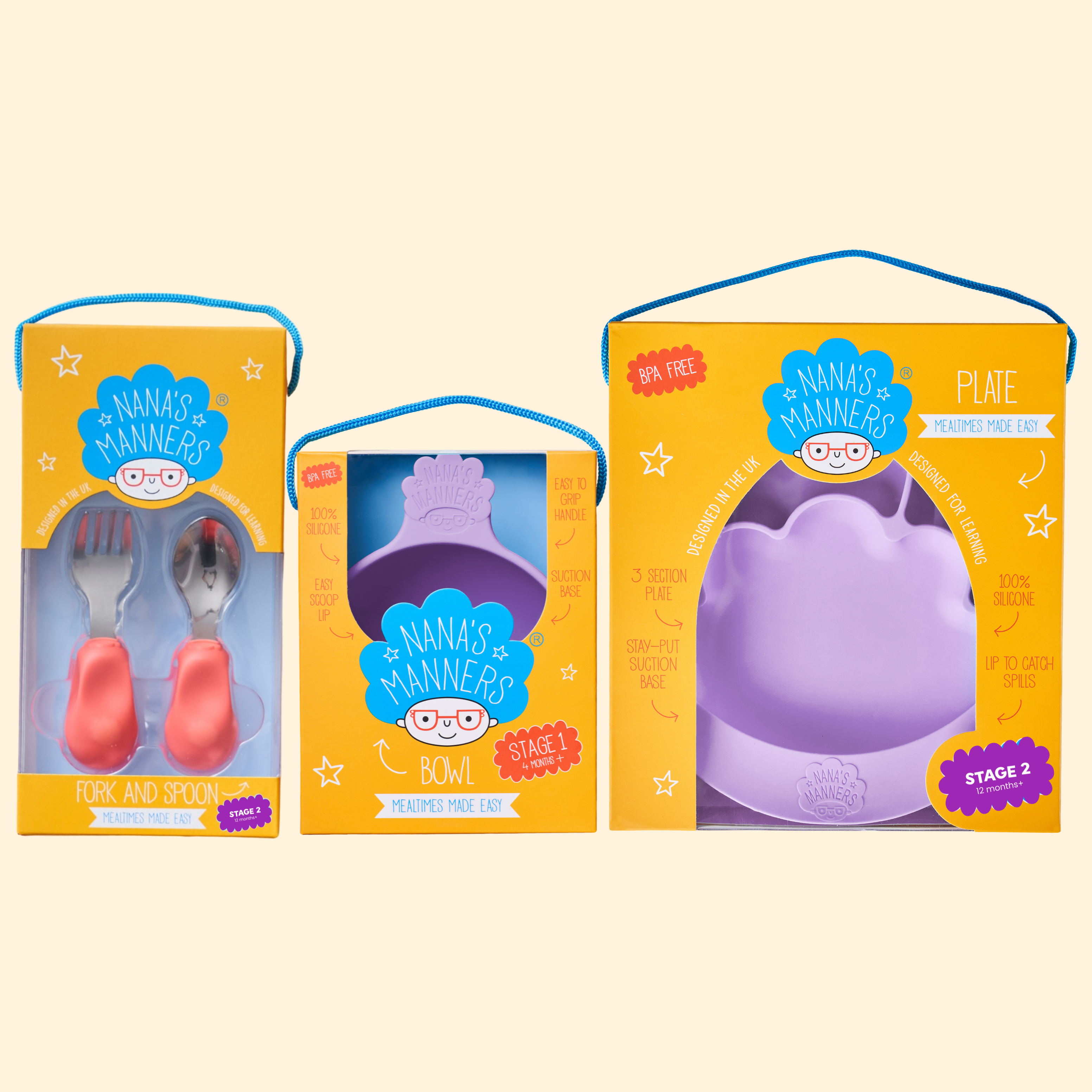 Pink toddler cutlery, purple suction bowl and purple suction section plate in beautiful presentation boxes.