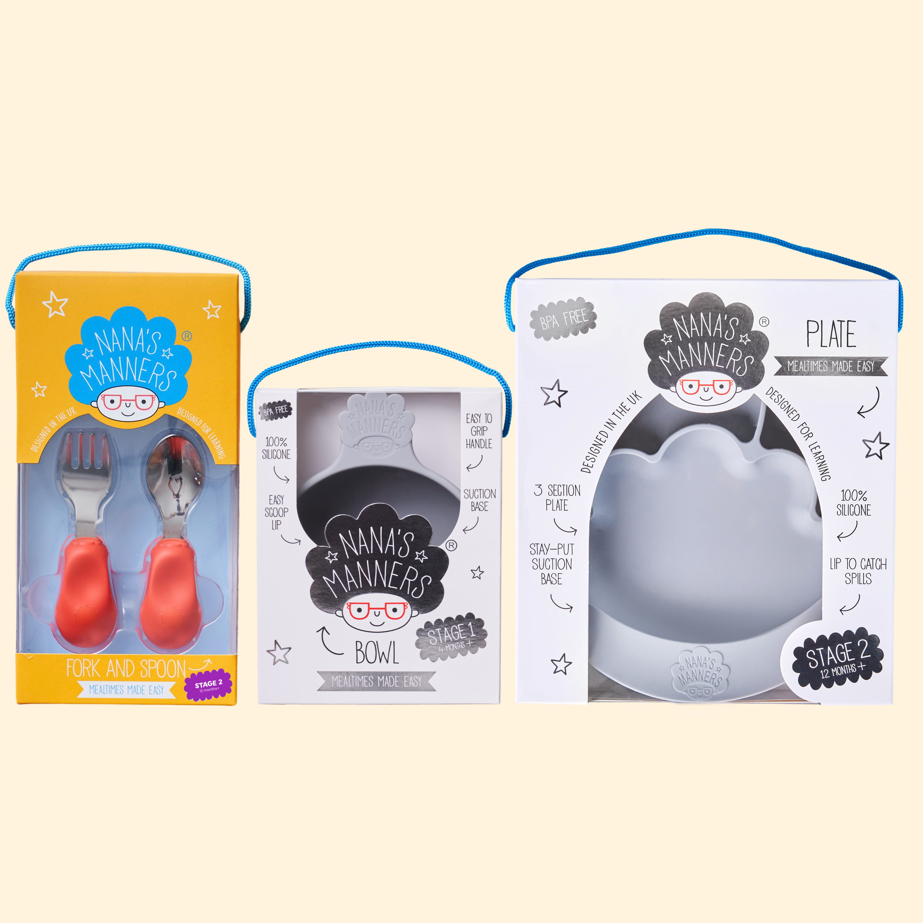 Orange toddler cutlery, Special Edition grey suction bowl and section plate in beautiful presentation boxes.