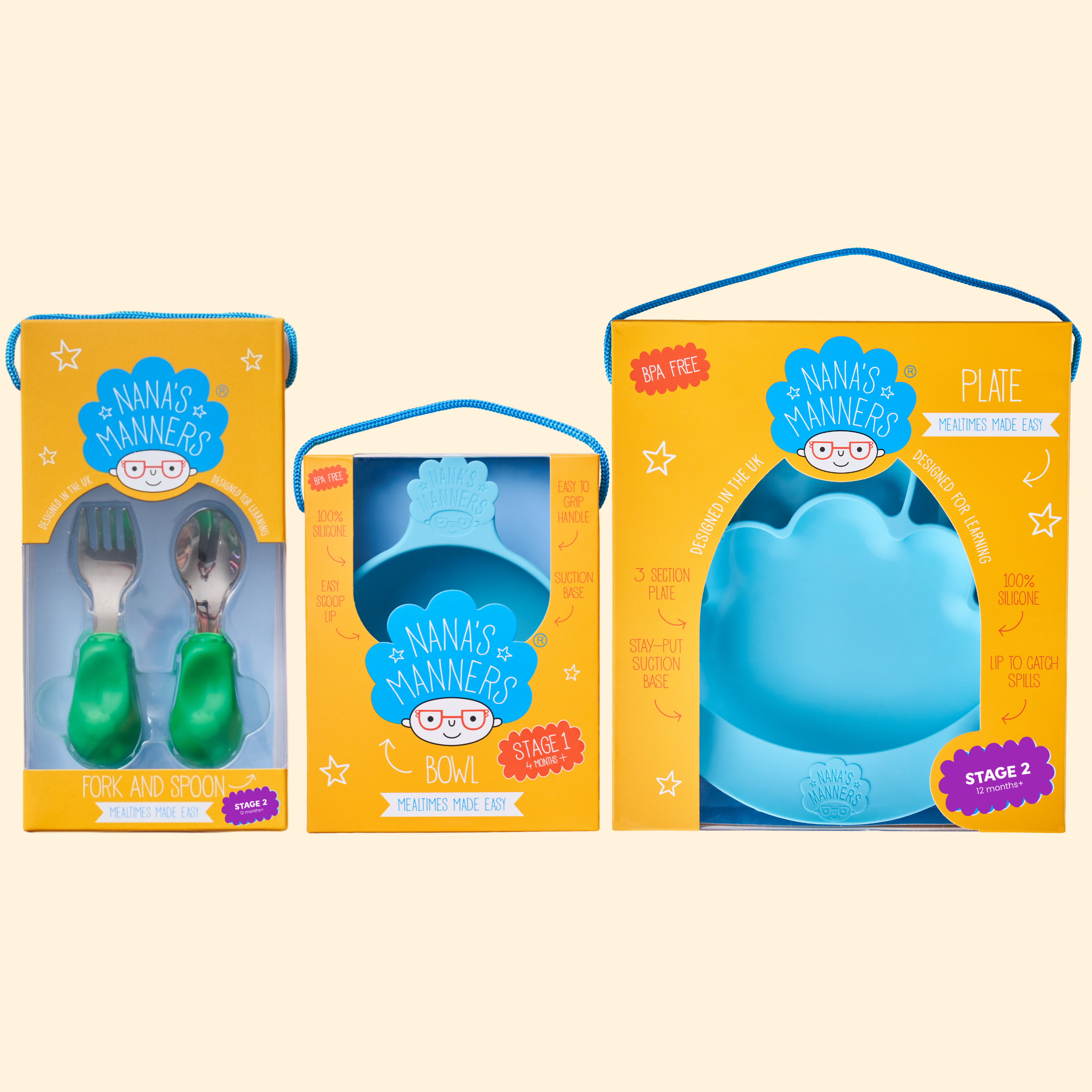 Green toddler cutlery, blue suction bowl and blue suction section plate in beautiful presentation boxes.