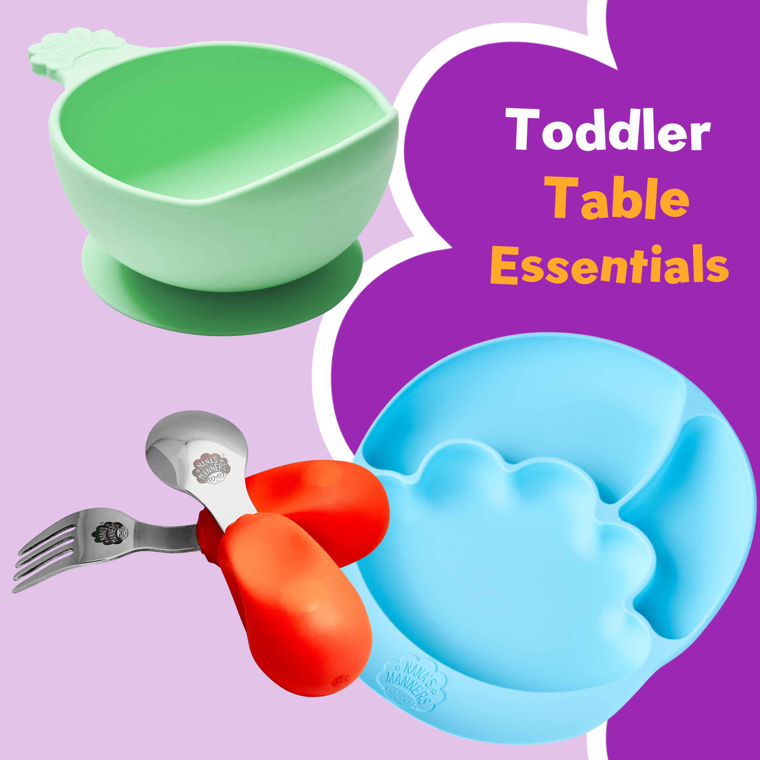 Orange toddler cutlery, green suction bowl, blue suction and section plate.