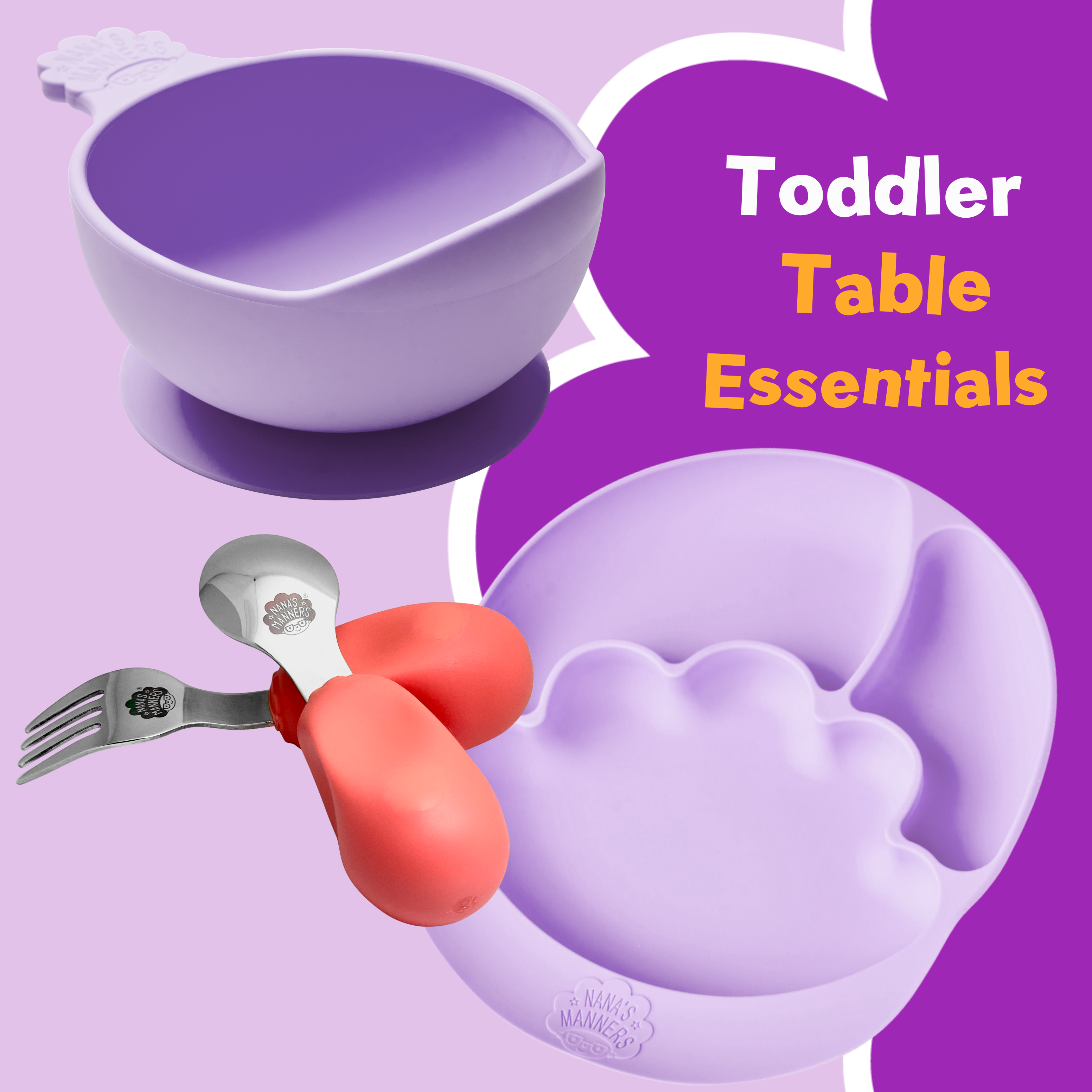 Pink toddler cutlery, purple suction bowl, purple suction and section plate.