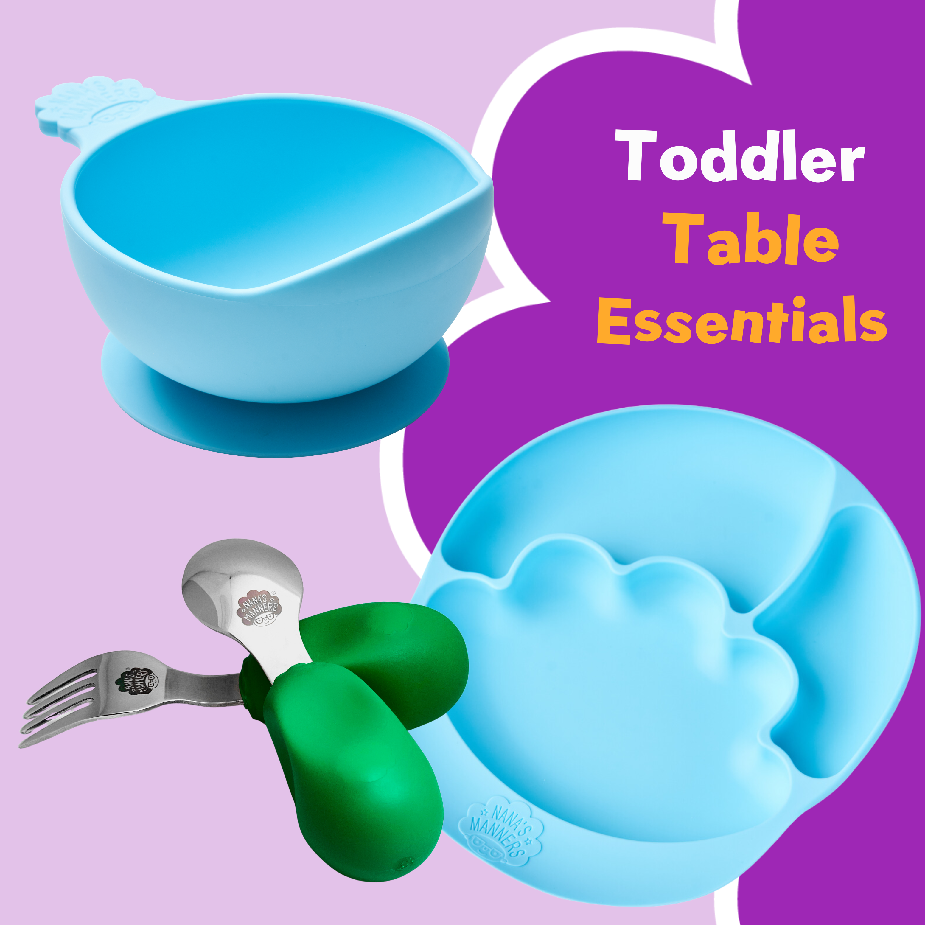 Green toddler cutlery, blue suction bowl, blue suction and section plate.