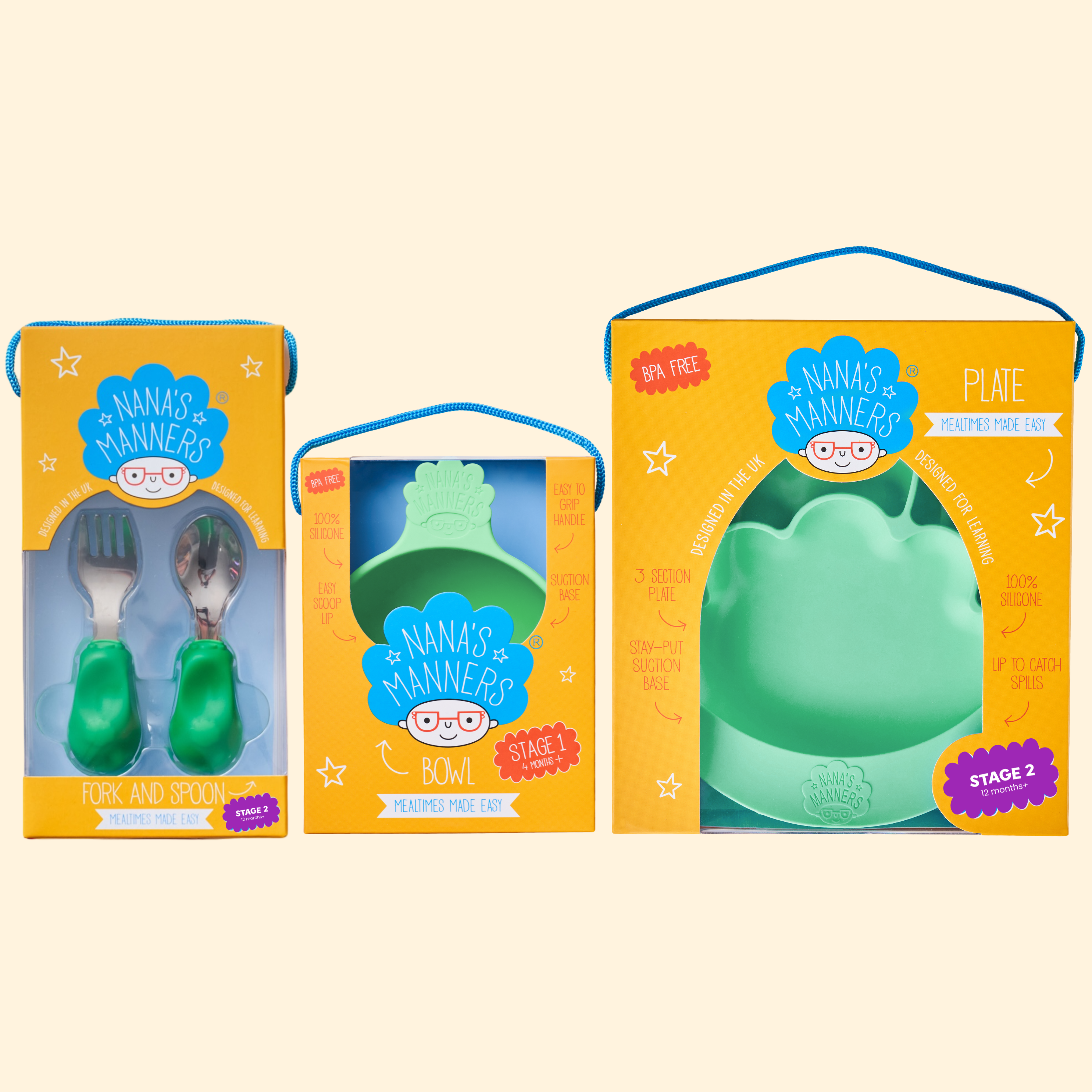 Green toddler cutlery, green suction bowl and green suction section plate in beautiful presentation boxes.