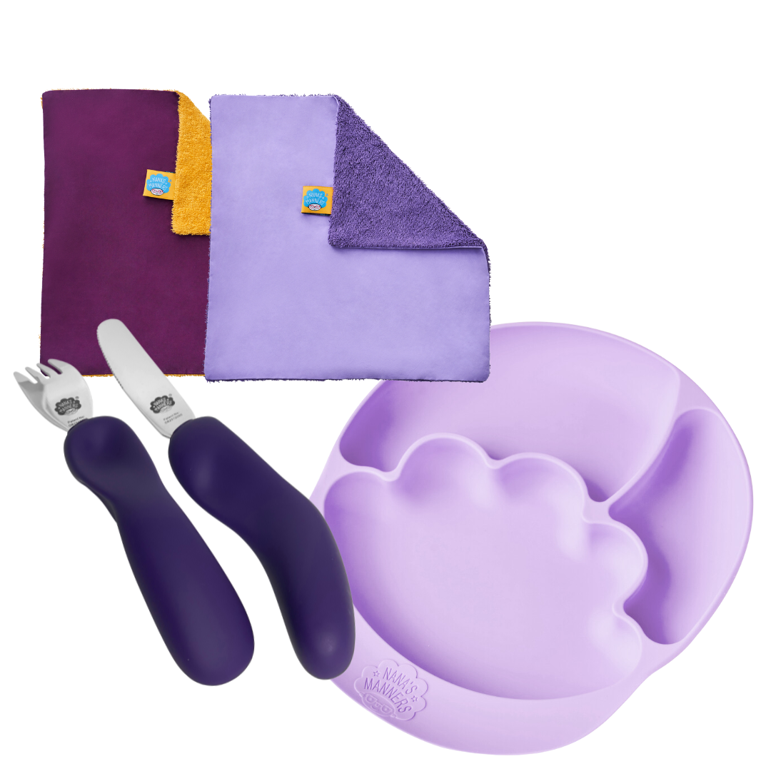 Mealtime Essentials Collection - Preschooler / School Starter - Children's Cutlery, Section & Suction plate, Napkins in Purple