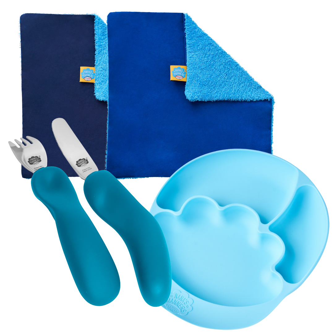 Mealtime Essentials Collection - Preschooler / School Starter - Children's Cutlery, Section & Suction plate, Napkins in Blue