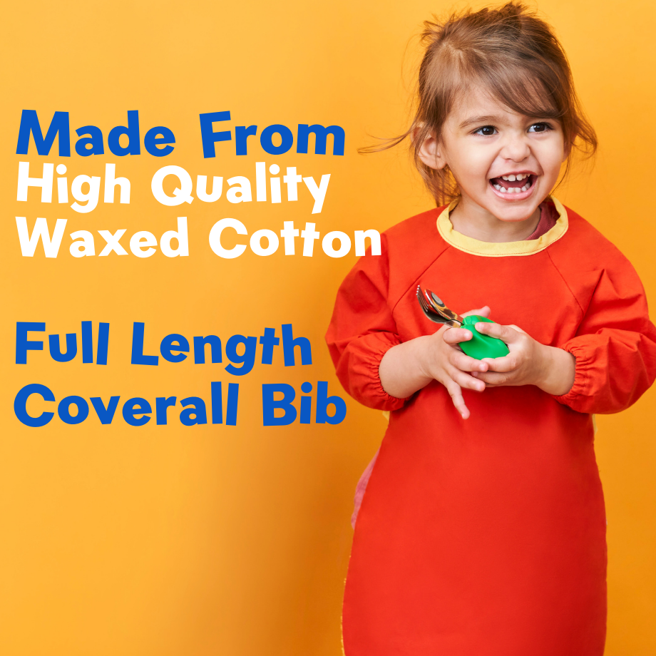 Stage 1 Essential Weaning Collection, Orange Wax Cotton Coverall, Suction Bowl &  Weaning Spoons.