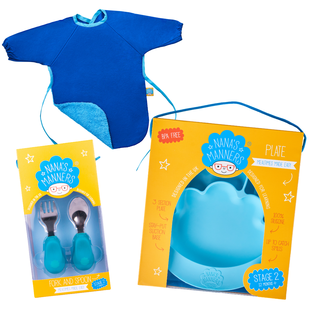Stage 1 Mealtime Starter set - Coverall, Toddler cutlery, Section & Suction plate,  in Blue