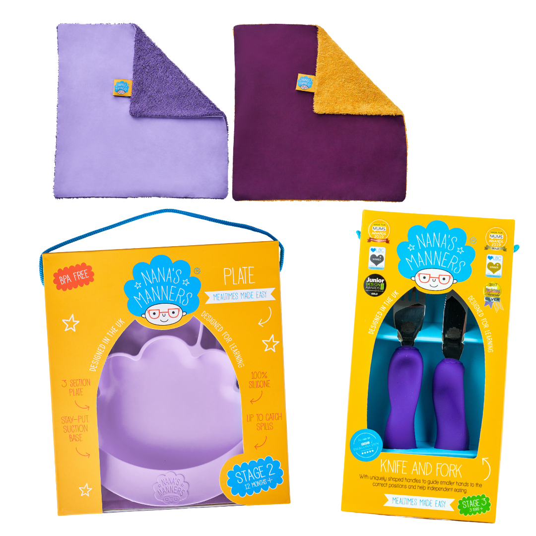 Stage 3 Learning to use Children's Cutlery, Section & Suction plate, Napkins kit in Purple