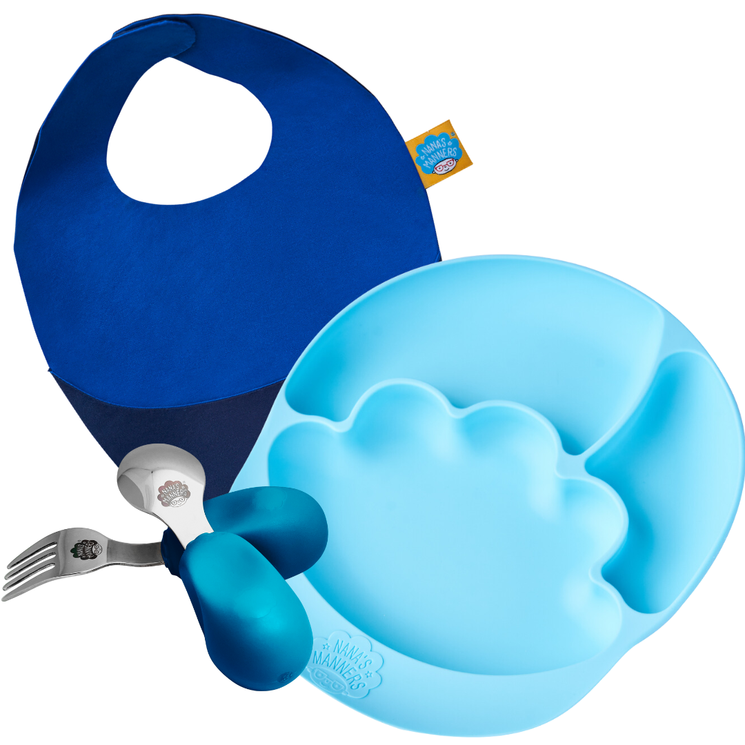 Mealtime Essentials Collection For Toddlers - A Reversible Bib - Blue, Toddler Cutlery, Section & Suction Plate