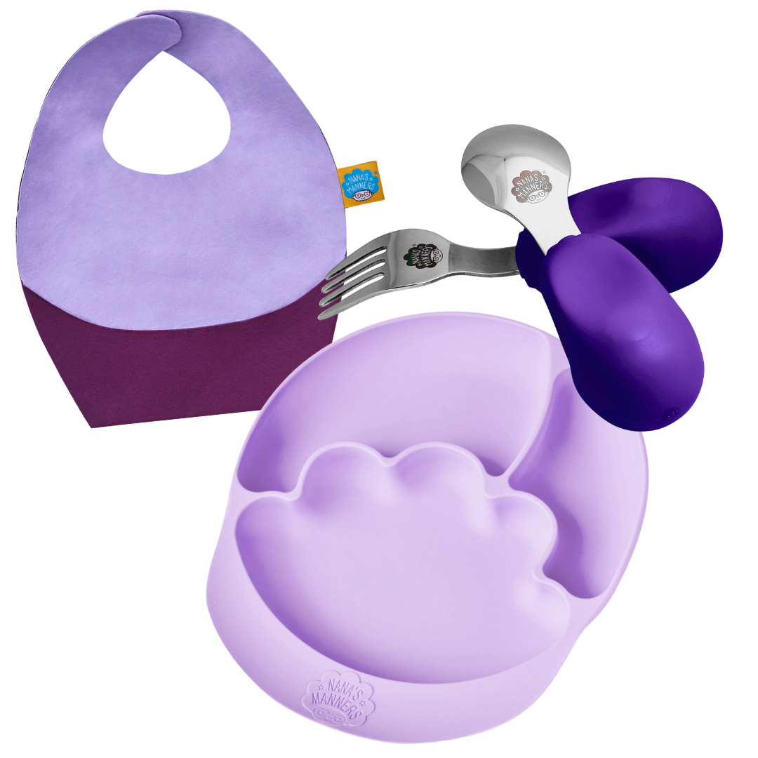 Mealtime Essentials Collection For Toddlers - A Reversible Bib - Purple, Toddler Cutlery, Section & Suction Plate