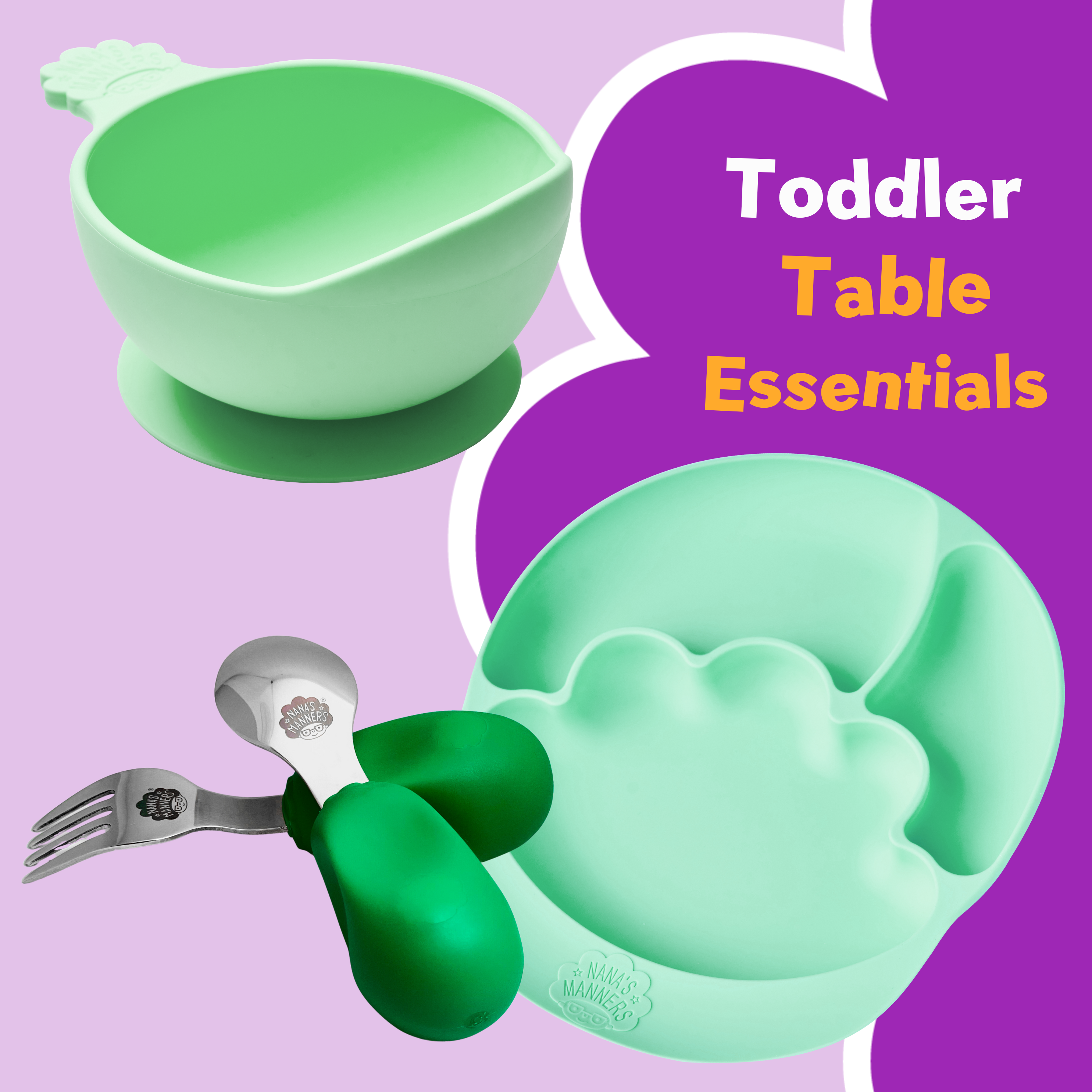 Green toddler cutlery, green suction bowl, green suction and section plate.