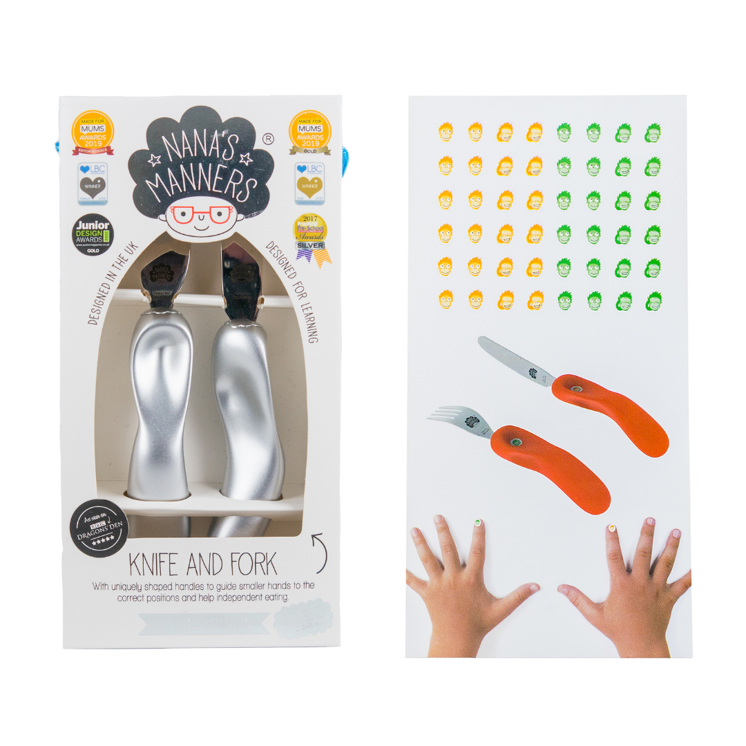 Nana's Manners Childrens Cutlery for learning to use a knife and fork Special Edition Silver Stage 3 Finger Stickers